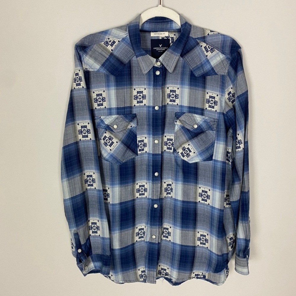 American Eagle Western Plaid Snap Shirt Boyfriend Fit Womens Large Embroidered